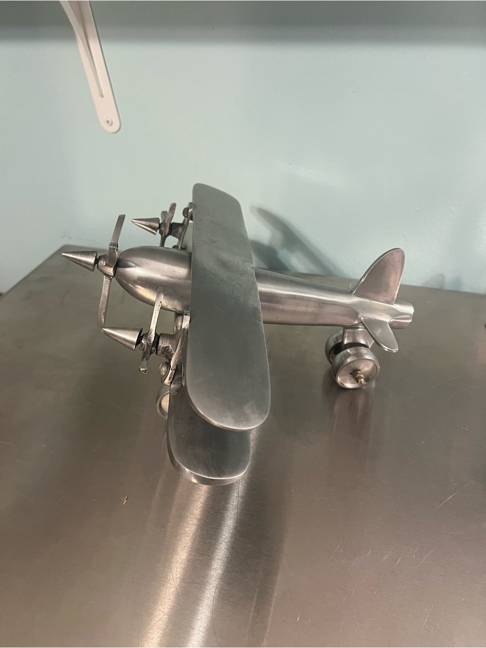 Metal Biplane Model Silver Aluminum With Moving Parts